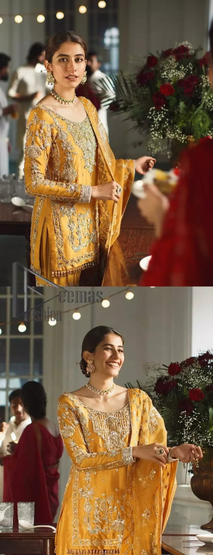 As we seek outside the wonders we carry inside us. So, to attain that wonders Demaas Fashion introduces Mustard short shirt and Sharara. A Short shirt featuring a stunning front, full sleeves, and remarkable embroidery on a round neckline, initiates the attractiveness of this dress. Further, the apparel displays light golden embroidery that brightens up its victorious look. Finish this look with an organza dupatta with an embellished border that increases the beauty of this outfit. Sharara is emphasized with intricate embroidery on the border and scattered floral motifs.