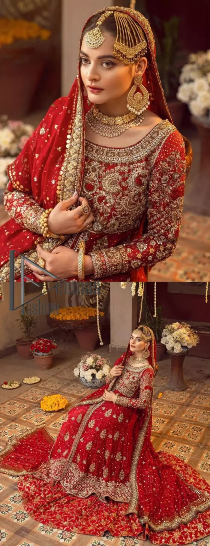Some pieces are specifically hand-crafted to speak to your heart just like this red front open Pishwas. The pishwas with a boat-shaped neckline is adorned in luxuriously zardozi work with fabulous sparkle. The rest of the dress is beautifully crafted with floral motifs, sequins spray, and embroidered lines along the length. Set it up with a red  back train lehenga emphasized with kora, dabka, tilla and sequins work. Complete the look with an artfully coordinated dupatta having embellished sequins all over and scattered tiny floral motifs.