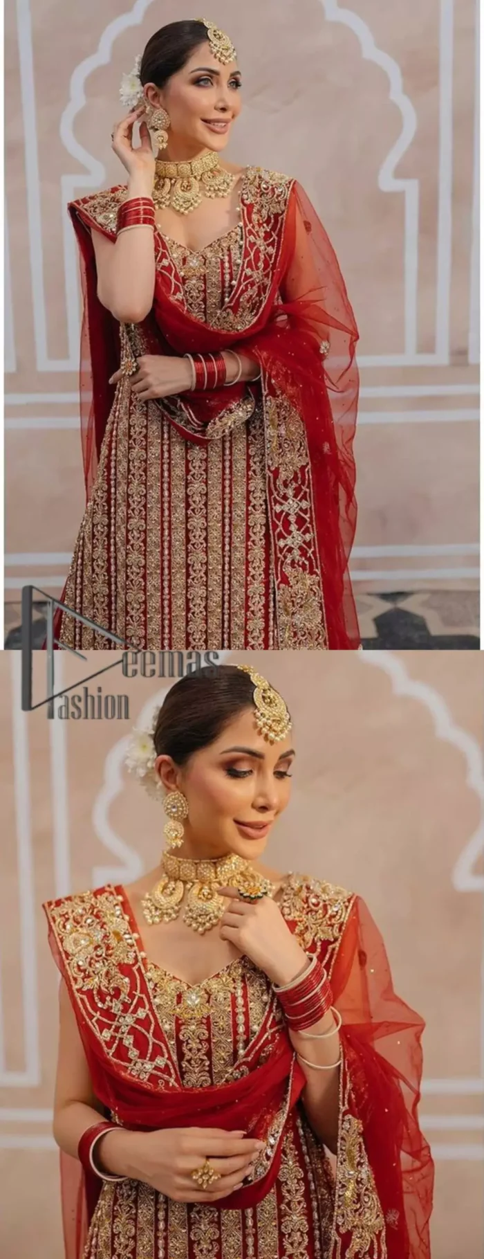 This stunning wedding dress offers comfort without compromising on style. The outfit is laden with golden zardozi work all over the shirt. embroidery creates such a dreamy touch to your big day. Paired up with a red lehenga adorned with floral bunches all around the flare creates an unusual design. Embroidery is done in the shade of golden. Dupatta is accentuated with sequins spray all over and hand-embellished floral jhaal all around the borders.