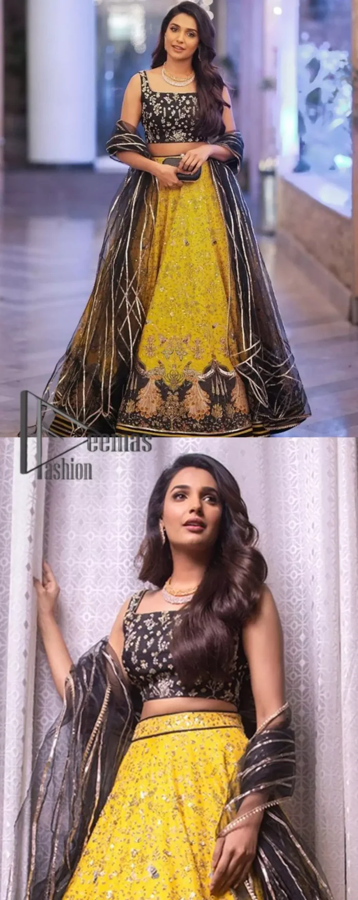 You smelled like sunshine and daisies when this pure magic wrapped around as our embroidery is luxurious. Yellow and black is the super trend of mehndi occasions. This eye-catching sleeveless black blouse having boat shape neckline looks priceless in silver and golden embroidery. In addition to this, yellow lehenga embellished with kora, dabka and sequins work and beautifully designed borders with zardozi, applique and Kiran shows the feeling of mehndi bride. Pair it up with a black dupatta that you would definitely want to wear for your next event.