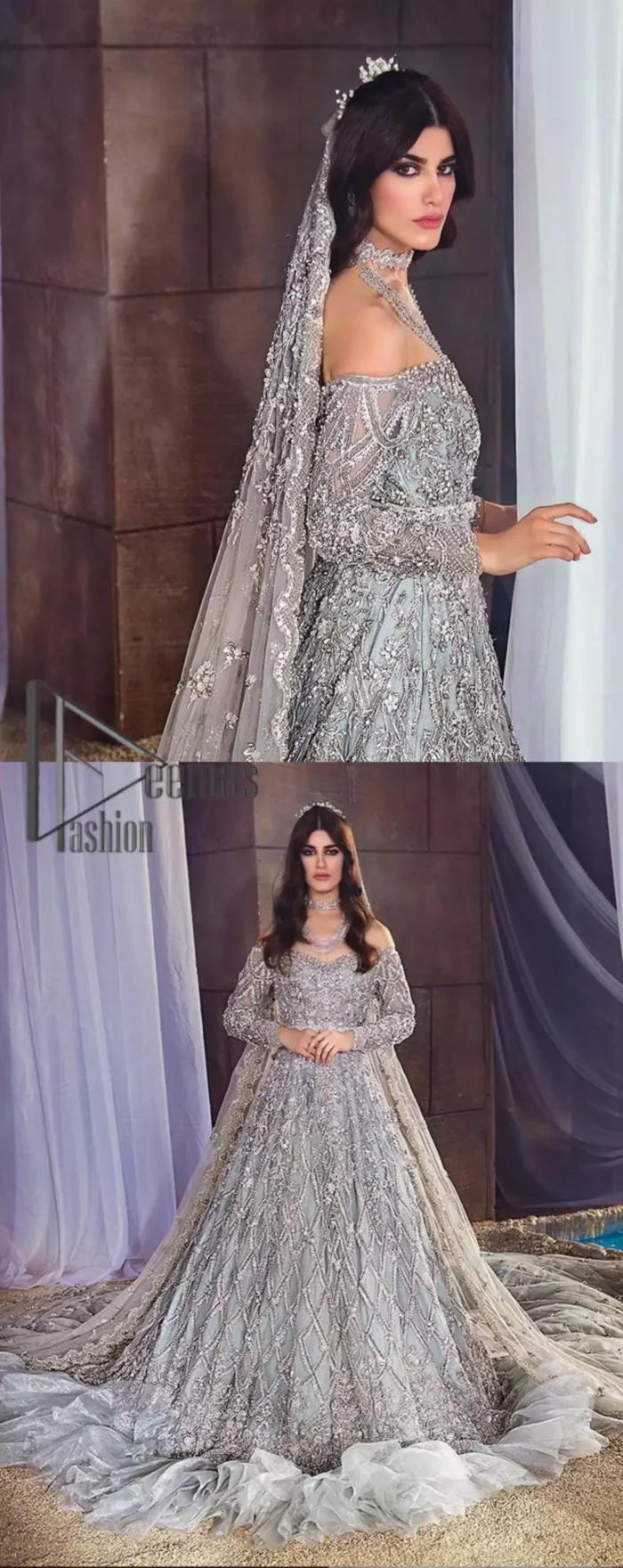 This fairy-tale ensemble is everything that you need to impress everyone at your  Walima ceremony. This off-shoulder frilled maxi is adorned with a fully embellished bodice, sleeves and fully embroidered daman is giving a perfect ending to this flare. The frilled maxi is adorned with a deep round neckline and comprises a pure D shape dupatta that looks super artistic look.
