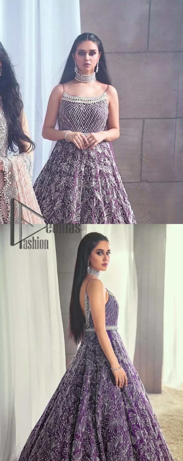 Style with an unparalleled ravishing, by picking the right dress for you. Evening parties being full of entertainment are maxed up with gratification if your dress wins you the most admirers. This sleeveless Purple Frilled Maxi has the magical features to make you an evening star. Decorated with silver embroidery, and  its stunning boat-shaped neckline suits its highly enchanting silver embroidery. This Maxi is designed from 100% pure Organza Stuff that gives you artistic look on your event.