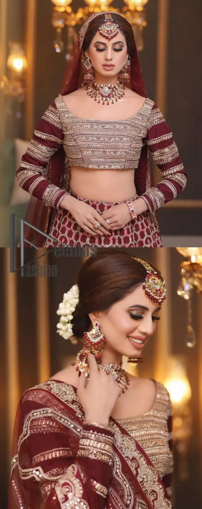 Attain your expectations on your big day with this mesmerizing dress. The classically vibrant combination of red and gold is a true image of elegance. The full-sleeved red blouse made with pure organza is encapsulated with boat shape neckline that follows light golden embroidery. In addition to this, the lehenga having geometric pattern embroidery that embellishes with tilla , dabka and kora work gives you incredible look on your big day. This engaging dress comes with a dupatta having four sides embellishment borders.