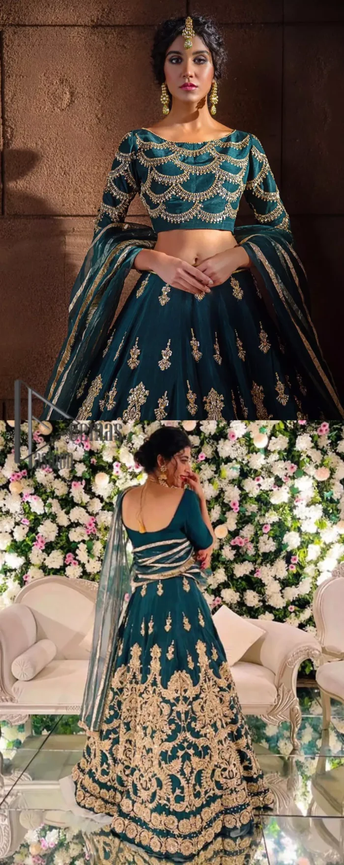 Make your day swirl and twirl in our teal blue outfit. This full sleeves teal blue blouse embellished with kora, dabka and tilla work looks stunning. Further, the boat shape neckline of this blouse is based on floral embroidery and made with pure organza. The dress accompanies a fascinating organza dupatta to perfect the beautiful formal wear. It is highlighted with a lehenga that has the power to make your look even just like the delphinium flower. The outfit enhances its beauty due to its uniqueness and the perfect fusion of modern cut and traditional embroidery.