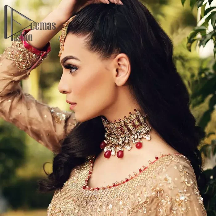 As Love Struck is a true wink of adoration so every nikkah bride is an emotion of love and a glimpse of glory shines when comes to fawn colour just like a diamond. This fawn long shirt is attractively decorated with antique embroidery that includes tilla, kora, dabka work just to give you a loving and attractive look. It is glamourously prominent with a round neckline and full sleeves as every bride wants. Pair it up with priceless fawn Gharana which is made with pure Katan banarsi jamawar. Finish this outfit with a fawn dupatta that is adorned with a four-sided embellished border and beautiful Kiran lace as well.