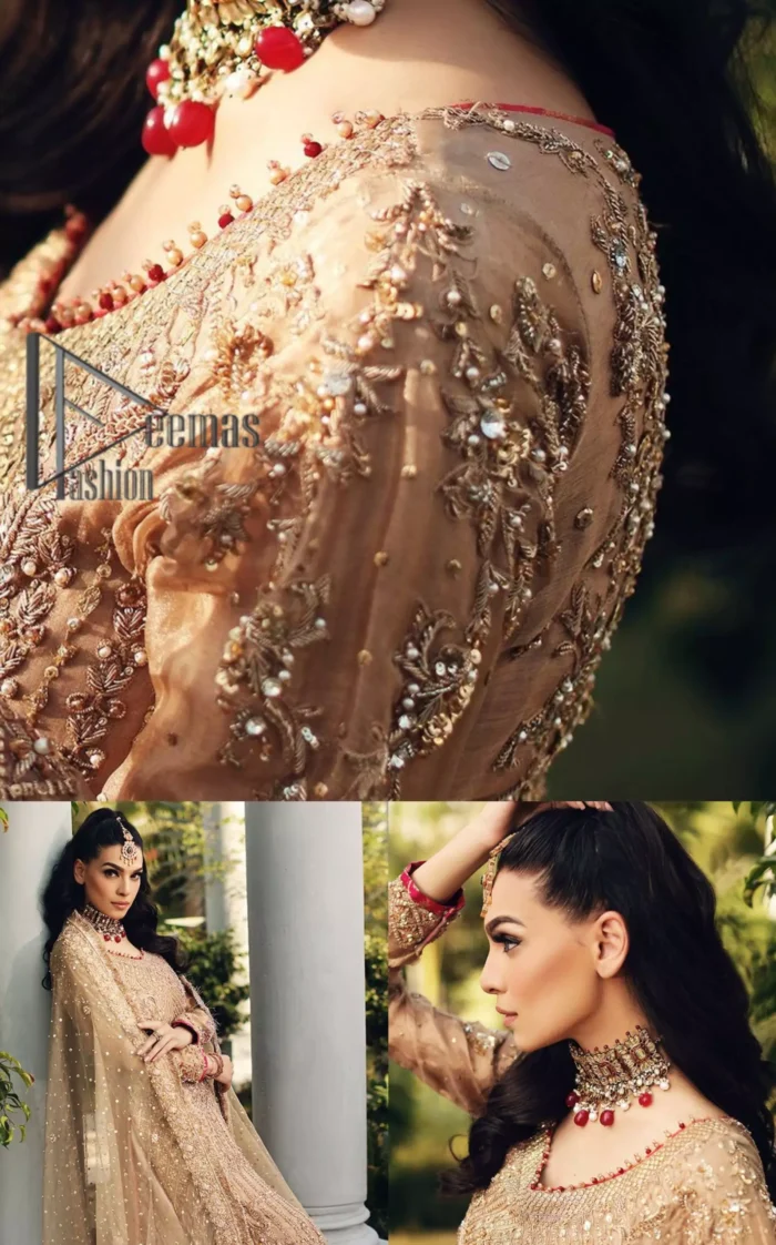 As Love Struck is a true wink of adoration so every nikkah bride is an emotion of love and a glimpse of glory shines when comes to fawn colour just like a diamond. This fawn long shirt is attractively decorated with antique embroidery that includes tilla, kora, dabka work just to give you a loving and attractive look. It is glamourously prominent with a round neckline and full sleeves as every bride wants. Pair it up with priceless fawn Gharana which is made with pure Katan banarsi jamawar. Finish this outfit with a fawn dupatta that is adorned with a four-sided embellished border and beautiful Kiran lace as well.