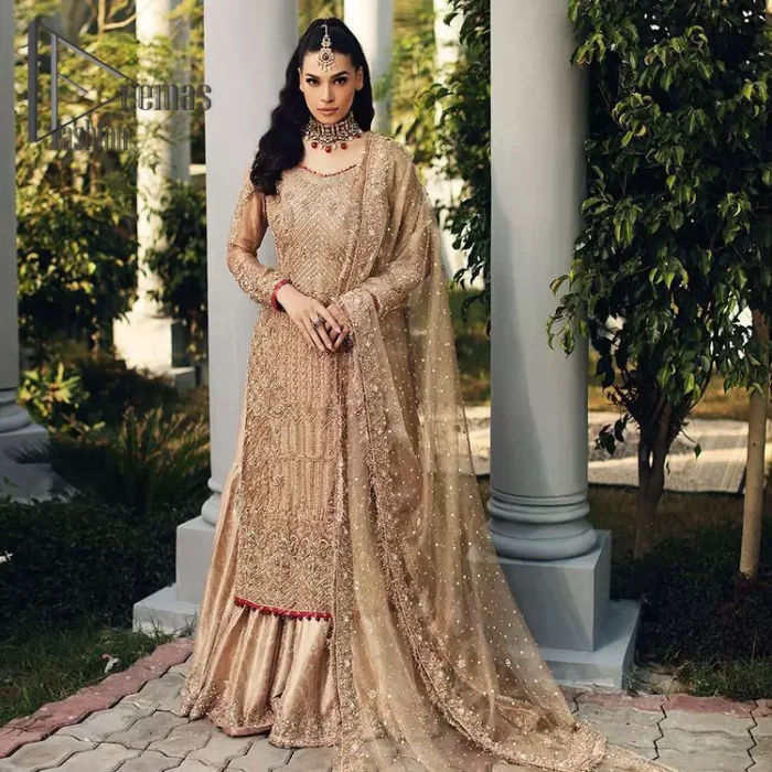 As Love Struck is a true wink of adoration so every nikkah bride is an emotion of love and a glimpse of glory shines when comes to fawn colour just like a diamond. This fawn long shirt is attractively decorated with antique embroidery that includes tilla, kora, dabka work just to give you a loving and attractive look. It is glamourously prominent with a round neckline and full sleeves as every bride wants. Pair it up with priceless fawn Gharana which is made with pure Katan banarsi jamawar. Finish this outfit with a fawn dupatta that is adorned with a four-sided embellished border and beautiful Kiran lace as well.