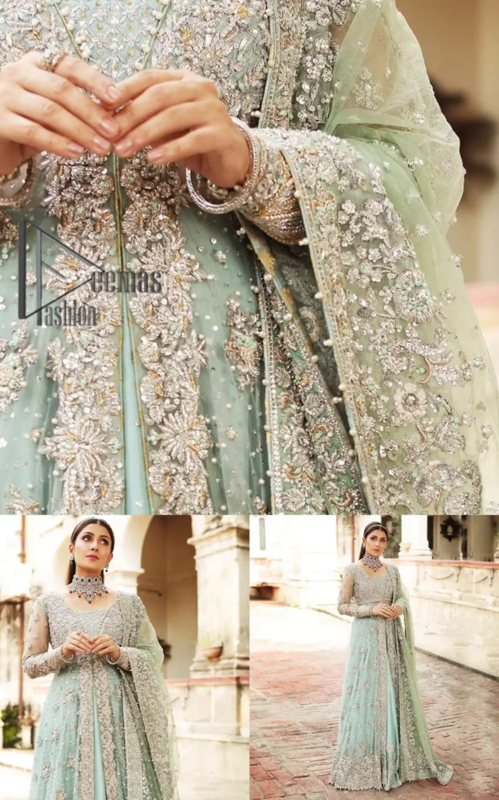 Stressed about your outfit on Walima?  Deemas Fashion will save your day. Make your moments more memorable with our ice blue front open maxi that is adorned with silver tilla, kora, and crystal work to enhance the beauty of maxi. In addition to this, the beauty of the square neckline of the stunning maxi speaks itself on your day. It is synchronized with the lehenga that's the border is as pretty as look in the picture. Finish this look with a dupatta that personifies the delicate embroidery on four sides and sequins detailing all over just to save your memorable day and give you a fairy look.