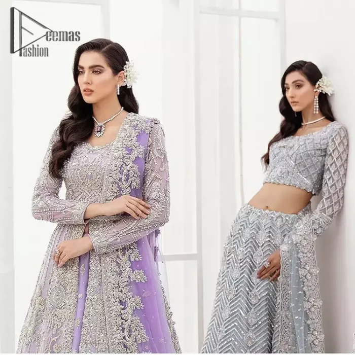 Creating the energy of modish is never been easy for a bride. So, Deemas Fashion presents the lilac front open maxi that is embellished with silver tilla, kora, and crystal soulful embroidery that all brides need for fashion. In addition to this, the V shape neckline of this maxi is looking so slayer when comes with full sleeves. Style with lilac can can lehenga that provides a glamorous look to any bride. Complete this look with a soft lilac dupatta that has a four-sided embellished border and sequins spray all over. This modish dress can be worn on your walima where you want to flaunt your style and steal everyone's heart.