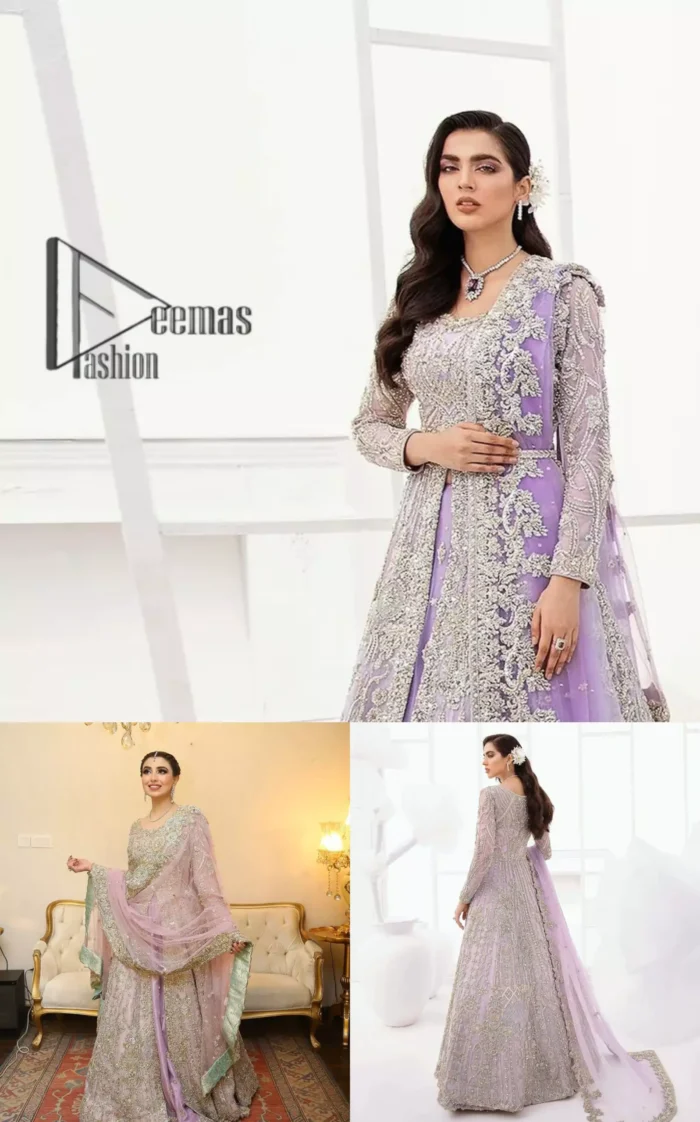 Creating the energy of modish is never been easy for a bride. So, Deemas Fashion presents the lilac front open maxi that is embellished with silver tilla, kora, and crystal soulful embroidery that all brides need for fashion. In addition to this, the V shape neckline of this maxi is looking so slayer when comes with full sleeves. Style with lilac can can lehenga that provides a glamorous look to any bride. Complete this look with a soft lilac dupatta that has a four-sided embellished border and sequins spray all over. This modish dress can be worn on your walima where you want to flaunt your style and steal everyone's heart.