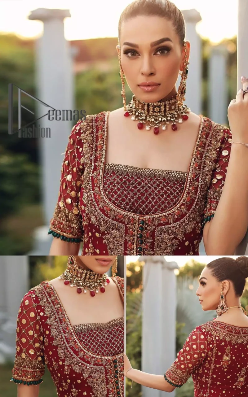 Just fulfil your love for maroon on your Big day with DeemasFashion. Giving you all the glam with this maroon scalloped front open frock which is beautifully sprinkled with antique tilla, dabka, kora, crystal, and Resham thread work. In addition to this, the square neckline and half sleeves with multicolor embroidery look so stunning and soothing on your Big day. It is attractively synchronized with cigarette pants to grant you a remarkable aesthetic focusing look.