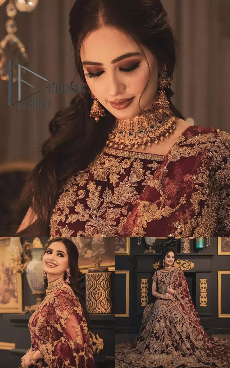 With the right outfit, every bride can rule the world! As nothing makes a bride more beautiful than the trust of her outfit. Introducing maroon half sleeves blouse that is fully embellished with tilla, kora and dabka work. In addition to this, the boat shape neckline of this blouse that is made with pure velvet gives you a dreamy look. It is synchronized with a velvet lehenga that is adorned with priceless heavy embroidery. Finish this look with an organza dupatta, embellished with embroidered scalloped borders to give you a relaxing and soothing look on your reception.