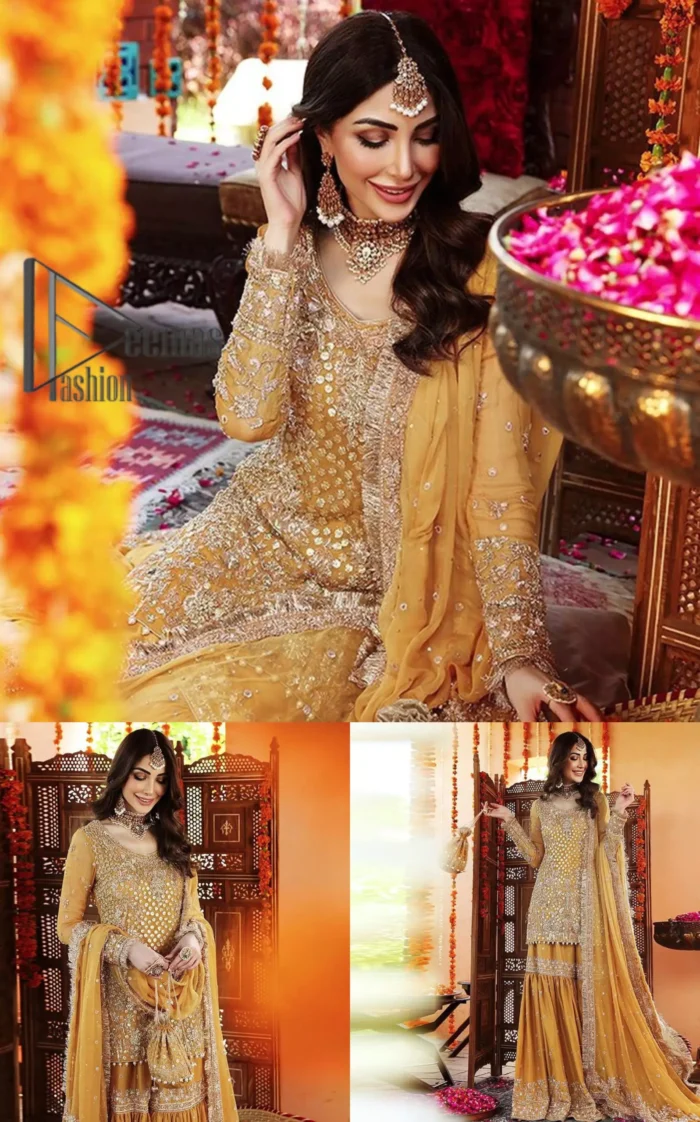 The shirt is the mirror of the mind and the dupatta confesses secrets of the heart. This mustard soft-toned article is highlighted with fascinating golden and antique kora, dabka, and crystal work. The shirt is further enhanced your mayon look with a traditional round neckline and full sleeves. It is paired up with gharara that is prettified with priceless border embroidery. Finish this look with the same colour dupatta that have four-sided embellished lace and Kiran. Further the sequins spray on the dupatta increases the beauty of the article which is every bride's dream.