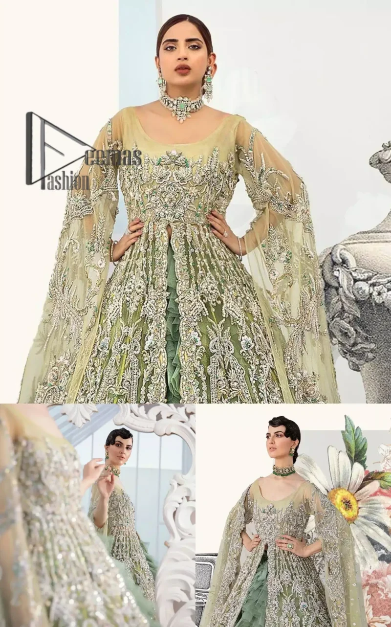 Confected on a luxury outfit with spectacular colors and contrast, this style serves for an elevated look. Delicate embroidery of maxi that involves kora, dabka, crystal work and front open style of maxi are infused together for the olive green affair. The very unbelievable sleeve style of the maxi looks super stunning and jazz up your event wardrobe. It is gracefully synchronized with a full frilled lehenga to enhance the beauty of the article. Complete this stunning look with an olive green scalloped dupatta that is embellished with four-sided borders and small motifs all around that reflect the mood of everyone.