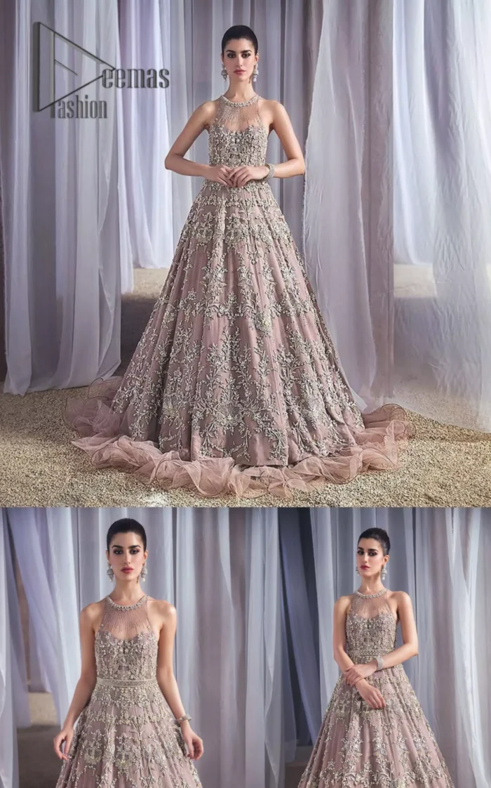 Love just come in one colour is oyster pink. You will start shining in our secret weapon for the walima event. Presenting oyster pink maxi that is wonderfully ornamented with silver embroidery that includes kora, dabka, tilla, and crystal work just to boost up your inner happiness. Its lustrous, lush, and lavish in every sense of the word with its dazzling oyster pink frilled as well. Further, the halter neckline of this maxi is super duper amazing when comes with a sleeveless style to give you a lovely vibe.