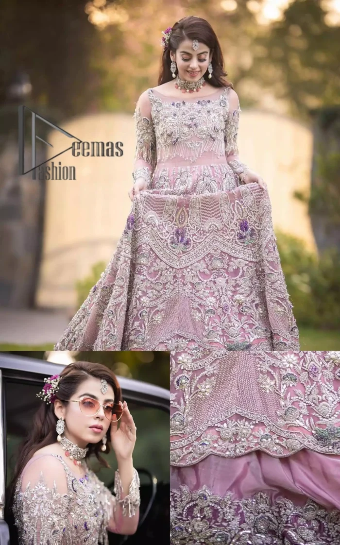 If you want to go high on the fashion charts then just go with this pink outfit of Deemas Fashion. This full sleeve pink pishwas is certainly any girl's dream that is fully embellished with multiple colour thread embroidery and silver zardozi work that includes kora, dabka, and crystal work to get so cool look. Furthermore, the boat shape neckline of this pishwas is just increasing the focus of this article. It is synchronized with the back train frilled lehenga to enhance your beauty on any occasion.