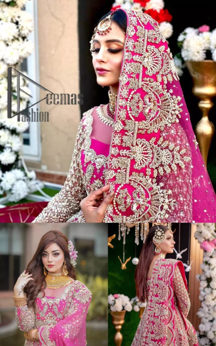 A colour splash, a floral dream. Let your energy shine with this pink outfit. Make a dramatic entry with pink scalloped pishwas that's full sleeves look super-duper amazing when combine with boat shape neckline. It is streaking with the finest silver and light golden embroidery that counts in tilla, kora, dabka, and crystal work to give you an enthusiast look. Further, this scalloped pishwas is coordinated with a Pink dupatta that is adorned with four-sided borders and sequins spray all over to give you shiny energy at any party.