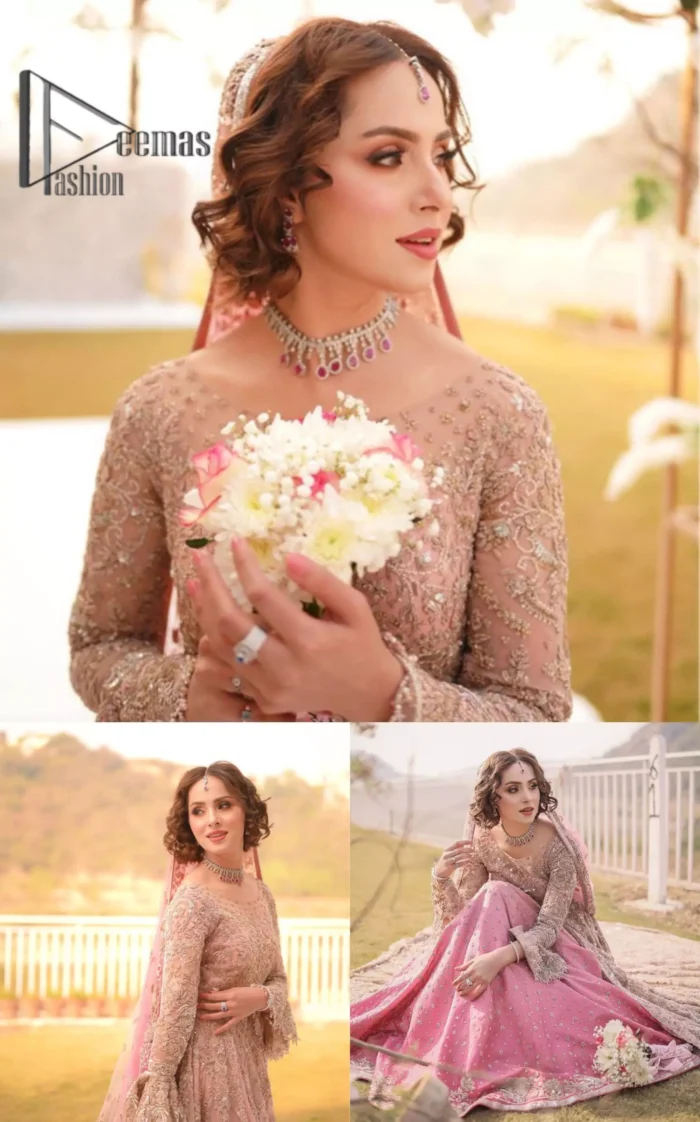 There is nothing more magical than wearing pink colour on your Walima. Our pink side slit open maxi is handsomely embellished with the magic of silver embroidery that involves kora, antiques, dabka, sequins, and pearls just to give you a dream fairy look. Further, the back train of the maxi is granted you the super dazzling effect. It is beautifully organized with a pink dupatta that is embellished with four-sided borders. Further, the dupatta is highlighted with the spray of tiny floral motifs all over just to enhance the fairy look.
