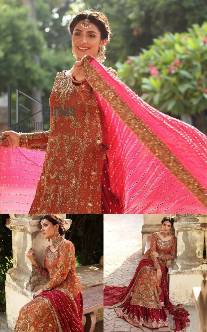 Wondering what an aesthetic bridal attire looks like? The beauty in red makes you go gaga over your look and you cannot stop snowing over you. Wearing the rust long shirt on your big day that is marvellously adorned with kora, dabka, and sequins work. Furthermore, the round neckline is also beautifully decorated to enhance the beauty of the outfit. It is synchronized with a red lehenga that has sequins sprayed all over to give you a crazy look as well. Finish this look with a red dupatta that has four-sided embellished borders as well.