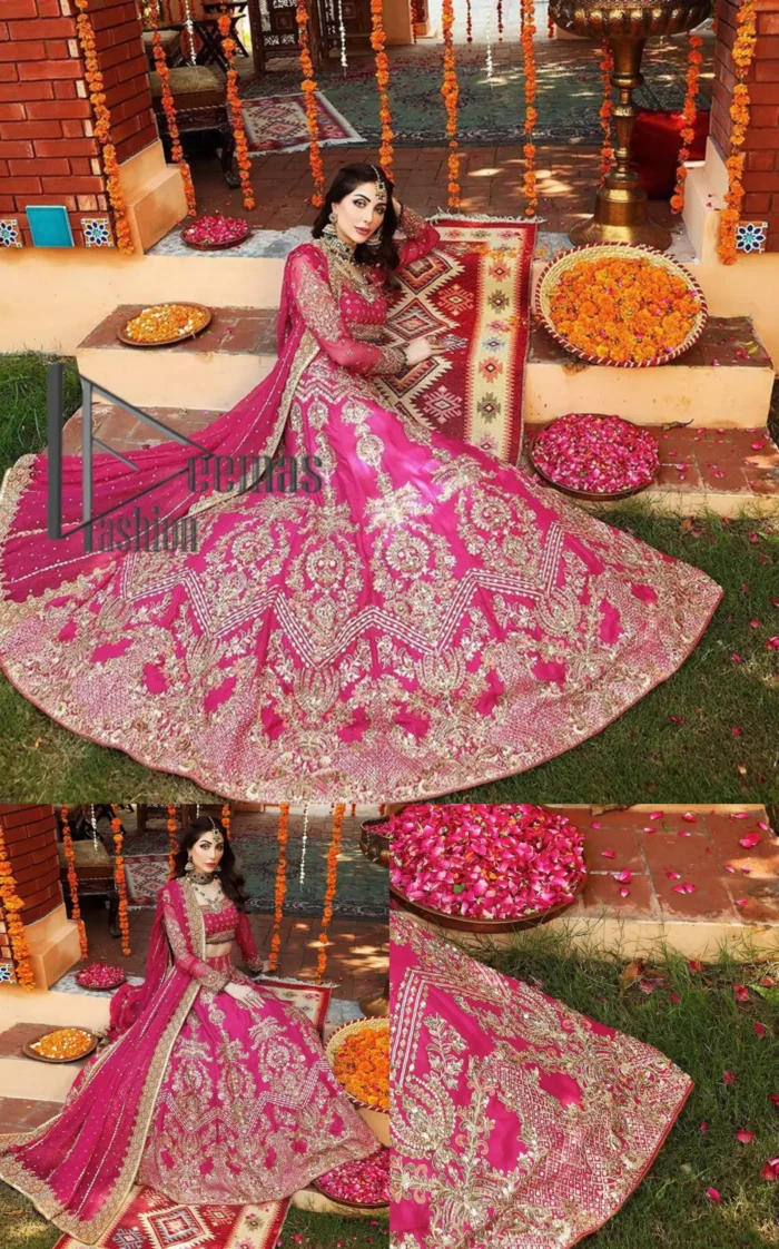 A color splash is always a floral dream. Let your energy shine with these popping Shocking Pink blouse that is ornamented with golden embroidery that involves tilla, dabka, Resham, and multi-color thread work just to magnify the display of the outfit. In addition to this, the full sleeves of the blouse when combined with a square neckline it gives a dazzling effect to the article. It is beautifully organized with can can lehenga that is also embellished with golden embroidery as well. Finalize this article with the same color dupatta that is adorned with four-sided lace and sequins spray all over just to fulfill your floral dream on your walima day.
