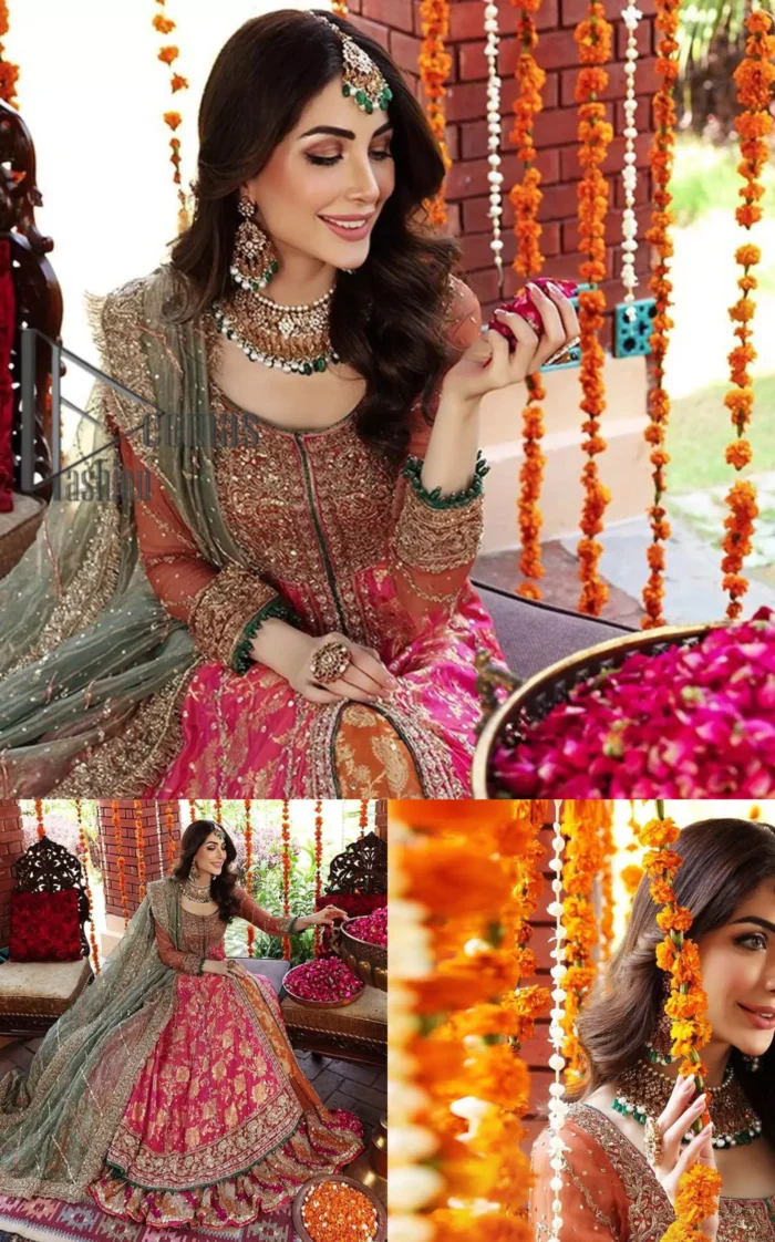 Be one with defying fashion winds and become a trendsetter. The captivating combination of front open style with the round neckline of shocking pink pishwas gives a stunning and smart look to you at any event. Pishwas is further furnished with attractive and handsome golden embroidery that includes mainly kora, dabka, and tilla work. Balance it with Rush Lehanga that have embellished with heavy border and sequins spray all-around to give soothing look. Complete this eventry look with a mint green dupatta that has been embellished with four-sided lace to give you a trendsetter look.