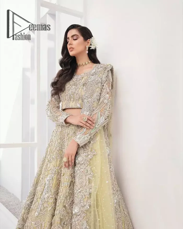 A dream come true for girls who love to play with their looks in a fashionable look. We don't even miss adding the finest details to our outfits so that's why the blouse is embellished with silver embroidery that involves kora, dabka, and tilla work to shoot up the first-rate look. Furthermore, the full sleeves of blouse and round neckline gives so splendid look when comes together.Gracefully, It is pair up with stunning and beautifull vanilla lehenga to fulfill your dream. Finish this look with dupatta that is embellished with four-sided borders and sequins spray all over to give you a fashionable look.