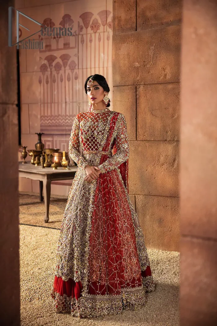 There are days in life when you fall in love with red love tone. As every bride wants red for her big day so DeemasFashion presents a bright red maxi that is heavily ornamented with golden embroidery just to make you a relaxing and romantic bride. The maxi is prominent with a jewel neckline which is added super aesthetics to your outfit. In addition to this, the full sleeves of maxi are just priceless and highlighted with kora, dabka, and tilla work. It is coordinated with the same color lehenga that's the border is heavily embellished with golden embroidery as well. Conclude this outfit with a bright red dupatta to add just the right amount to your bridal look.