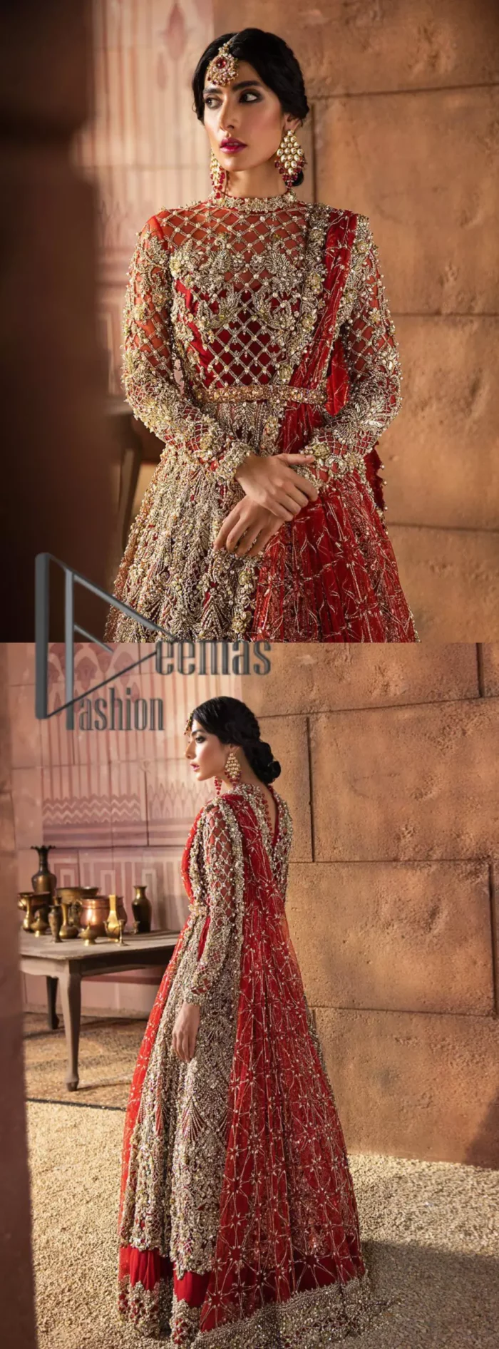 There are days in life when you fall in love with red love tone. As every bride wants red for her big day so DeemasFashion presents a bright red maxi that is heavily ornamented with golden embroidery just to make you a relaxing and romantic bride. The maxi is prominent with a jewel neckline which is added super aesthetics to your outfit. In addition to this, the full sleeves of maxi are just priceless and highlighted with kora, dabka, and tilla work. It is coordinated with the same color lehenga that's the border is heavily embellished with golden embroidery as well. Conclude this outfit with a bright red dupatta to add just the right amount to your bridal look.