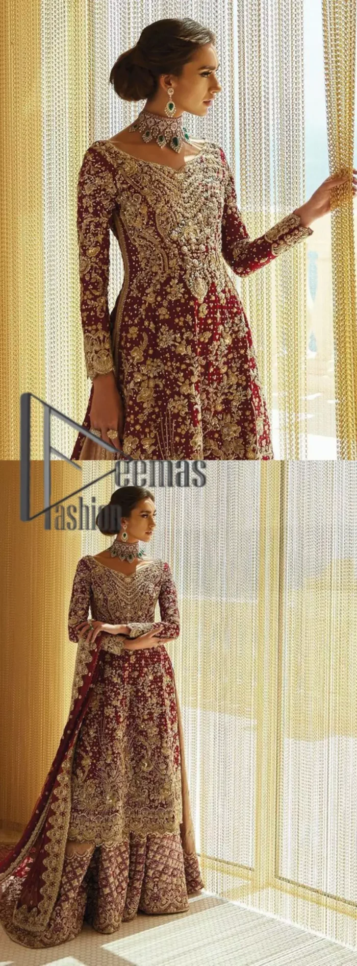 Serving a bold and funky style affair perfect for the big day. Stun in this classic base with contemporary golden adornment serving an elevated style. Detailing of the deep red frock is starting from the delightful and charming golden embroidery which is highlighted with tilla, zardozi, dabka and pearls. The V shape neckline of the frock is as lovely as you can see in the picture. Further, the bottom of the frock is enhanced with the scalloped border as well. It is arranged with the same colour lehenga that is also ornamented with heavy golden embroidery. Finally, end up this outfit with a deep red dupatta which is embellished with a four-sided border and sequins spray all over.
