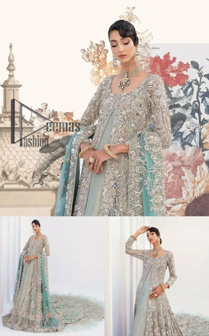 Sync. Style. Slay! A wedding is better when you get a super stylish all-in-one. DeemasFashion presents you with an ice-blue front open maxi this is decorated with silver embroidery which involves tilla, dabka, kora, and pearls work to magnify your inner pleasure on your Walima day. It is dominant with full sleeves just to grant you an aesthetic look. It is attractively coordinated with an ice blue lehenga with back train styling to give you a fairy look. Complete this outfit with the same colour dupatta that is beautifully embellished with floral motifs and a four-sided border.