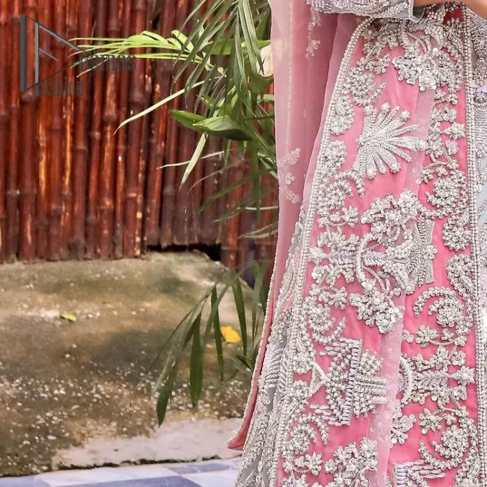 Need a quick fantastic pick for you walima? So you're in the right place. DeemasFashion presents mint green heavy maxi that is delightfully ornamented with silver embroidery that includes kora, dabka, pearl, antique, and crystal work just to give you a lovely and pleasing look. In addition to this, the V neckline of the maxi is super stunning when comes to the combination of attractive full sleeves. It is coordinated with a pink dupatta that is embellished with four-sided beautiful embroidery just to steal your special one's heart on your walima day.