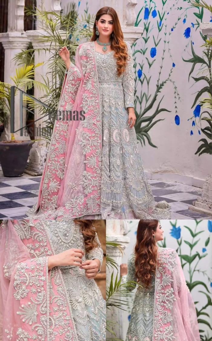 Need a quick fantastic pick for you walima? So you're in the right place. DeemasFashion presents mint green heavy maxi that is delightfully ornamented with silver embroidery that includes kora, dabka, pearl, antique, and crystal work just to give you a lovely and pleasing look. In addition to this, the V neckline of the maxi is super stunning when comes to the combination of attractive full sleeves. It is coordinated with a pink dupatta that is embellished with four-sided beautiful embroidery just to steal your special one's heart on your walima day.