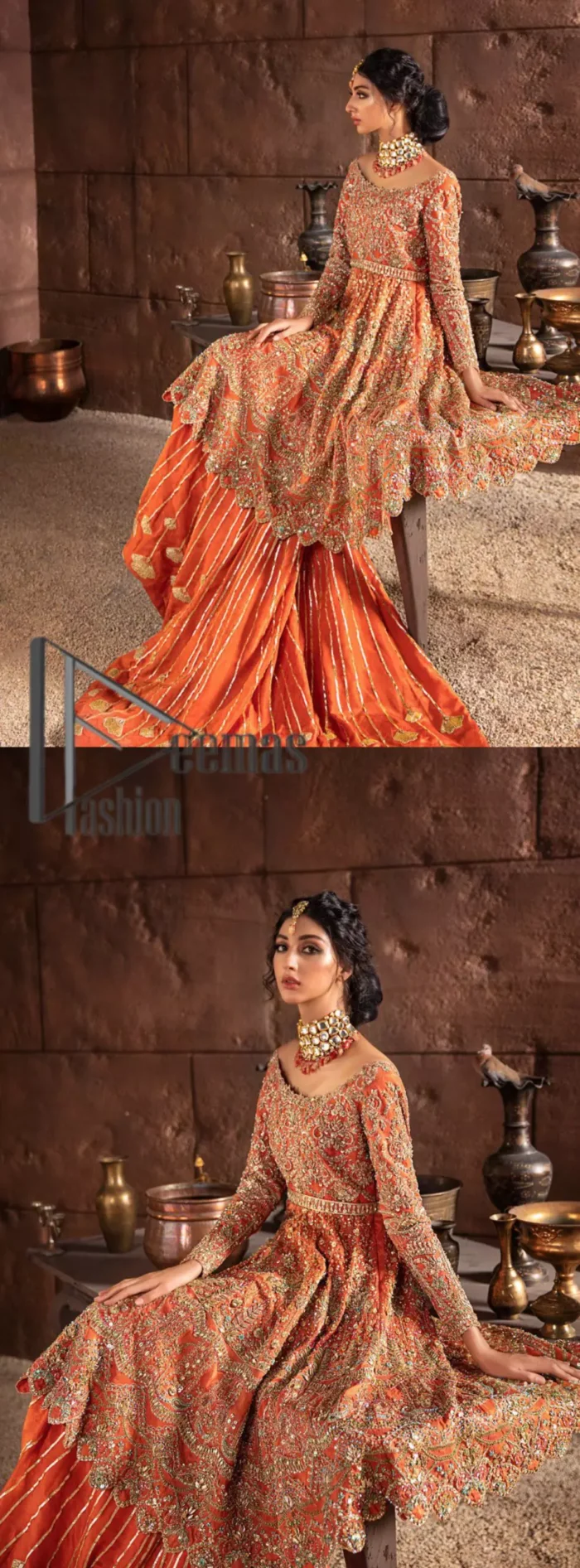 Fall in love with elements of detailing. Embrace your Mehandi style story with this orange attire serving vogue at its best. This orange frock is attractively adorned with golden embroidery that is further highlighted with kora, dabka, tilla, and antique work. And the scalloped border of the frock is just amazing so you can steal everyone's heart. In addition to this when the boat shape neckline combines with full sleeves it gives a super aesthetic scene. It is beautifully paired up with back train sharara that makes you a focus star of the day.