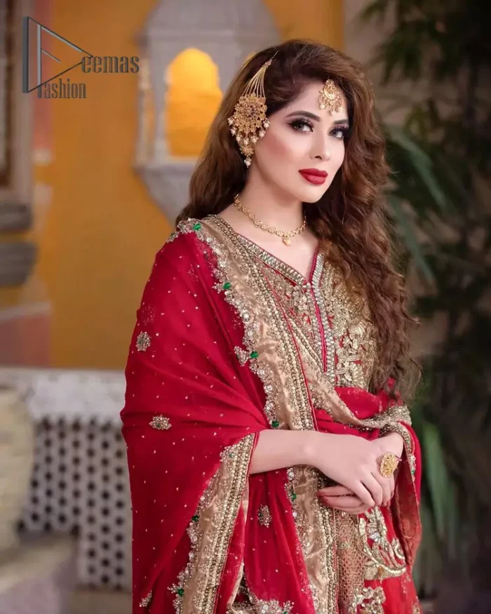 She's a divine, a diety, a vision, a gift. She is a girl in Florence, wrapped in a flare and dreaming about her big day. Welcoming your guest in the red front open maxi which is handsomely decorated with beautiful embroidery. It is reflected with golden tilla, kora, zardozi and pearls. The maxi is further intensified with V shape neckline with a sleeveless style. It is synchronized with a red dupatta that is also embellished with a four-sided golden embroidery. Further, the dupatta is adorned with floral motifs and sequins sprayed all over so that you can achieve your dreamy look on your big day.