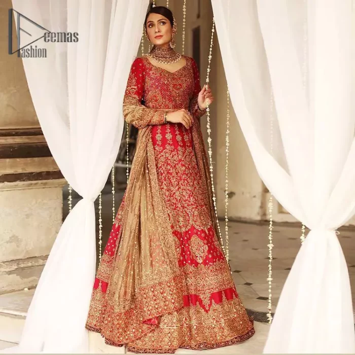 Dress up for your occasion, it's time to dance on your big day. Give a fresh twist to your wedding Big day outfits with this eye-catching red article. Reveal your day with the red heavy blouse that is attractively adorned with golden embroidery which includes tilla, dabka, kora work so that you can embezzle everyone's attraction. In addition to this, the sweetheart neckline of the blouse is just soothing when comes with full sleeves. The blouse is coordinated with a red lehenga that is heavily embellished with marvellous embroidery to give you a queen look. Complete this outfit with a golden dupatta which enhanced the beauty of the outfit.