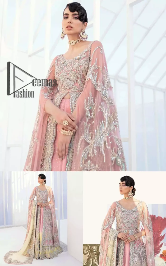 Wants regal, striking, and bold? Our tea pink maxi is all you need to bring out the queen in you. Detailing this tea pink maxi is as amazing as the front open style of maxi. Maxi is prominent with silver embroidery that involves kora, dabka, tilla, and crystal work to give you a bold and regal look on your walima day. Further, it looks super stunning when full sleeves combine with a round neckline. The maxi is coordinated with a double tone lehenga that the bottom side reflects the yellow colour to give an aesthetic and stunning look. Complete this article with the same colour dupatta that is embellished with a four-sided border.