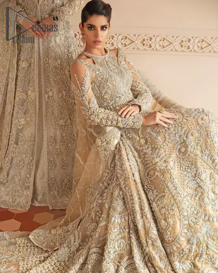 Something to Beige about! This article is specially presented by DeemasFashion featuring thoughtfully designed ensembles with a rich beige colour maxi and dupatta that are flattering on the body's quintessential details. The round neckline of the maxi is attractively combined with the back train that is heavily adorned with silver dabka, tilla,m zardozi embroidery for the finest look. In addition to this, it is paired up with the same colour dupatta that is again ornamented with \a four-sided border and sequins spray all over to fulfil your finest promising look on your walima day. 