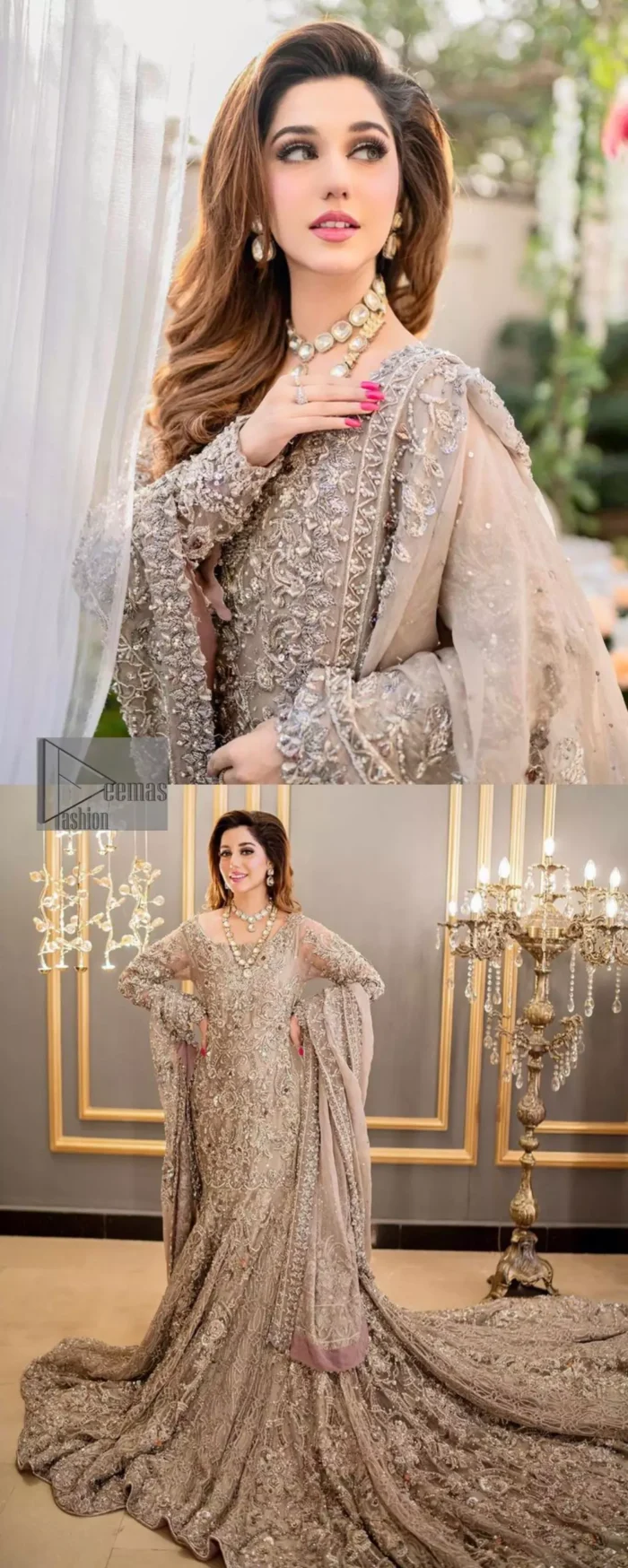 Embrace happiness on your Walima in the colour of beige-pink along this dreamiest fairy tail maxi. The floral fusion of tilla and thread embroidery on a royal beige-pink maxi is to fulfil your dreamy look. The boat shape neckline of this maxi is as amazing as the whole maxi. Further, it is fully embellished with tilla, kora, dabka and sequins work just to enhance the beauty of your Walima day. The fairy tale is also adorned with heavy work and looks super amazing when combine with full sleeves style. Finish this fairy look with the same colour dupatta that is ornamented with a four-sided border and sequins sprayed all over to increase the look of this article.