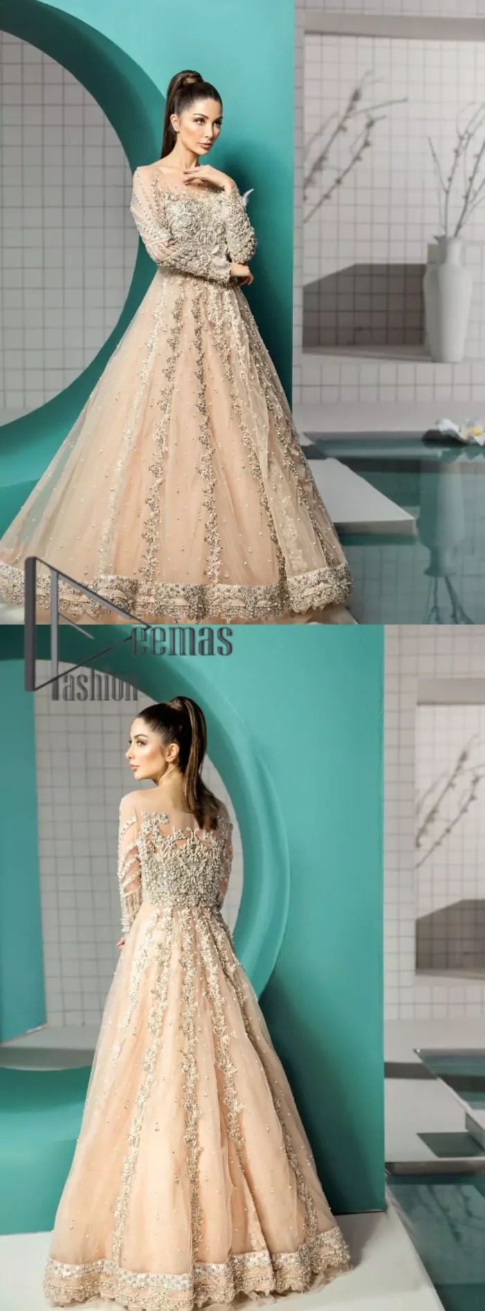 Unleashing your inner evocation of feeling about love and imagination. The Beige scalloped maxi is attractively adorned with silver embroidery which is the true depiction of the origination of art. It is highlighted with kora, dabka, tilla and pearls to show the uniqueness of the outfit. Furthermore, it is organized with boat shape neckline and full sleeves to grant the feeling of imagination. Pair up with a fluffy lehenga to enhance the fairy and dreamy look of you on your walima day. 