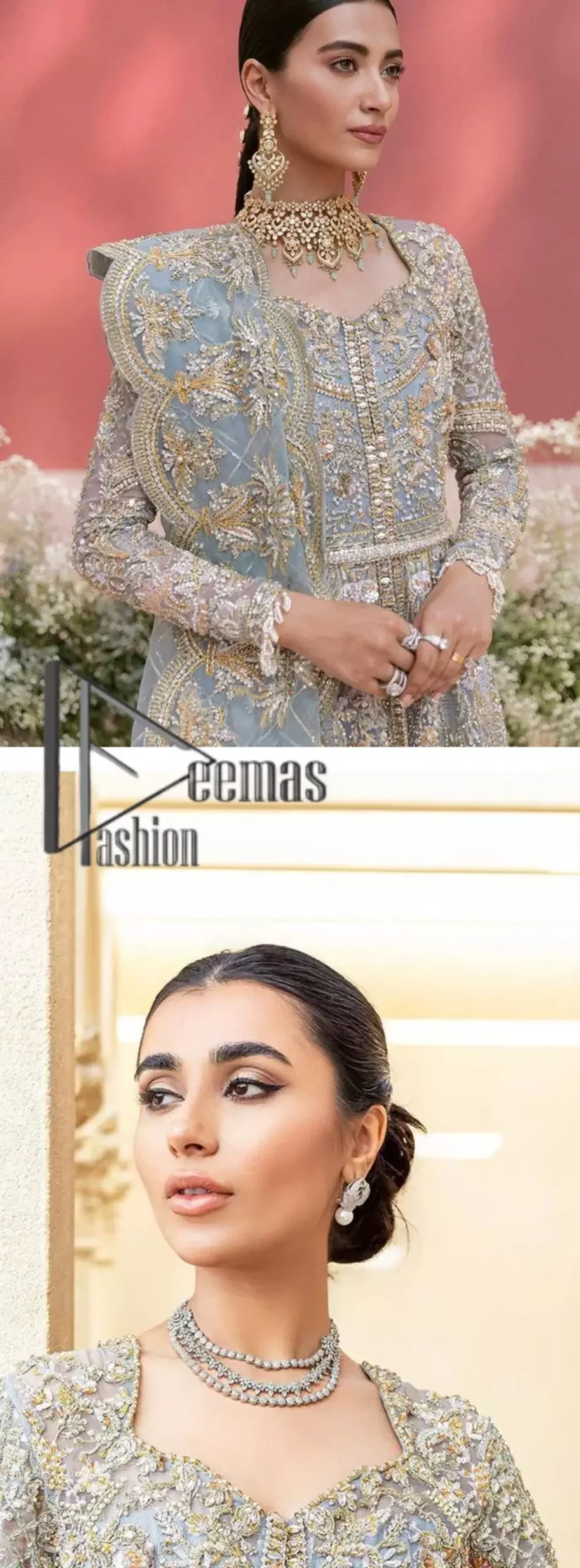 Something to blue about!. Trust on DeemasFashion to bring the magic of light blue colour for you on your walima day. Starting this outfit with a light blue front open maxi which is appealing with silver embroidery. The embroidery is further prominent with tilla, kora, zardozi and pearls work to raise the loveliness of the outfit. It is paired up with a full frilled lehenga that is designed just to express the feelings of a dreamy fairy on your Walima day. Complete this light blue outfit with the same colour scallop[ed dupatta that is adorned with a four-sided embellished border and sequins spray all over. 