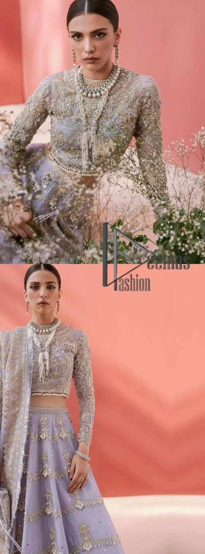 Love when our brides can completely be lost in the moment with their dresses. DeemasFashion presents a lilac article which is starting with a lilac blouse that is ornamented with golden embroidery. It is highlighted with tilla, dabka, pearls and the illusion of crystals. Furthermore, the full sleeves of the dress are attractively designed with a round shape neckline to boost your feelings on your walima day. It is handsomely coordinated with the same colour lehenga that is again embellished with golden embroidery. End up this outfit with the same colour dupatta that is embellished with four-sided borders and sequins sprayed all over to make a memorable event for the bride. 