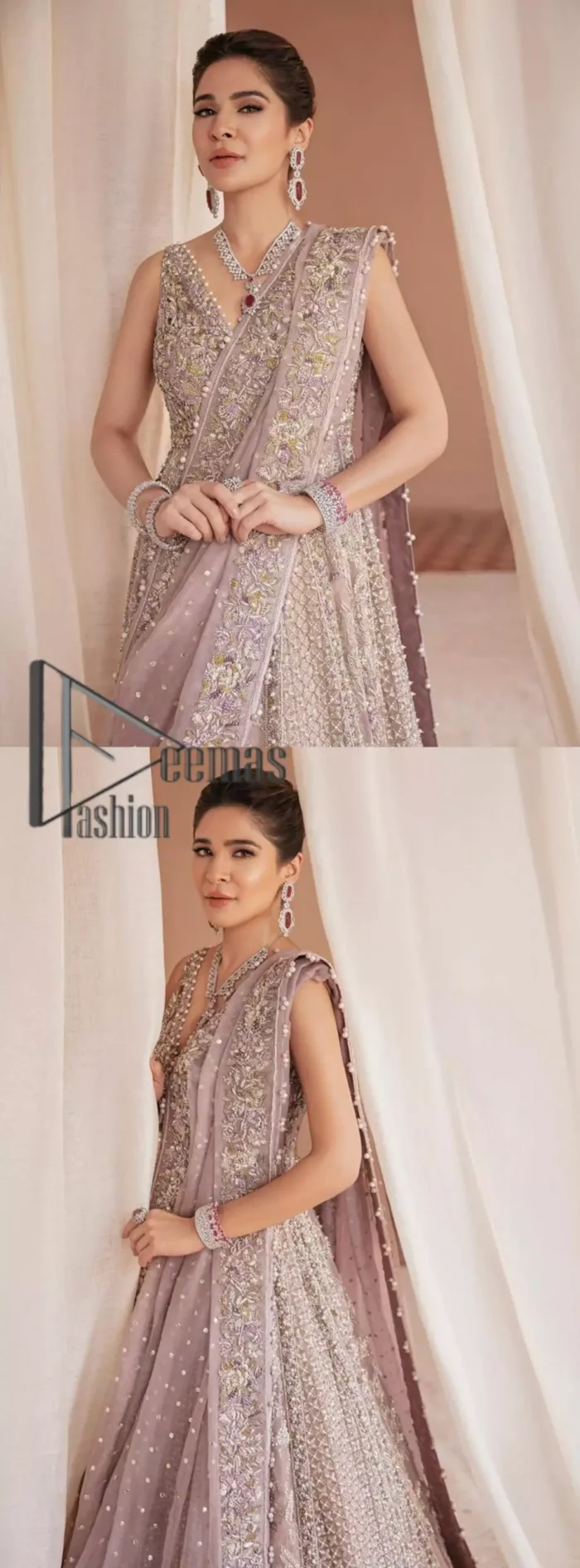 We know for most the girls a wedding dress represents more than just love. For our real brides, we present a lilac multiple panel maxi which is the embodiment of a dream and beautifully embellished with silver tilla, dabka and kora work. Furthermore, the sleeveless style of this multiple panel maxi is super amazing with V shape neckline just to introduce our love for the brides. This lilac maxi is organized with golden lehenga just to give the contrast to your walima day which is embellished with embroidery. Finish this look with a lilac dupatta which is heavily embellished with a four-sided border and sequins sprayed all over.