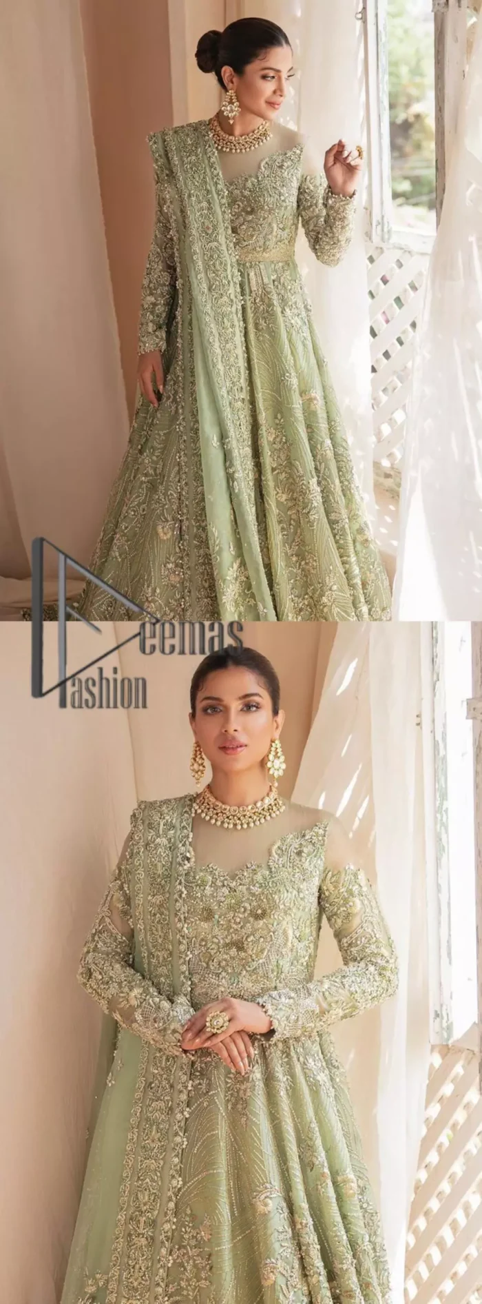 A time of life that is not just an occasion but a celebration. A pastel green scalloped maxi laboriously frosted with meticulously detailed hand embellished with silver tilla, dabka, and kora work blooming all over. Further, the jewel neckline and full sleeves of this article give so soothing feeling to you your walima day. It is handsomely coordinated with a pastel green lehenga that is again beautifully embellished. Complete this article with the organza dupatta in the same colour, heavily laden with a four-sided border and tiny floral motifs all over with a magical stream of pearls. 