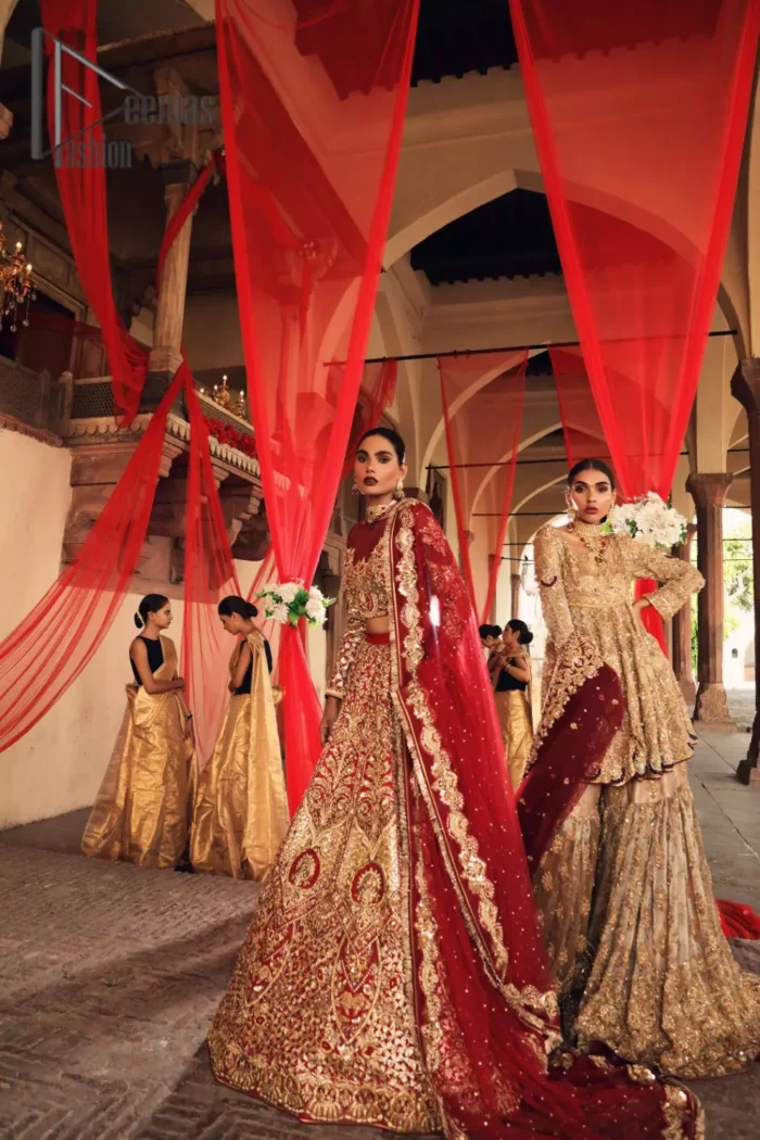 Celebrate the most romantic moments of your Big Day in the style of DeemasFashion. The red blouse represents the love in the air with handsomely embellished golden embroidery which includes kora, dabka, tilla and zardozi. It is prominent with an illusion neck and combine with full sleeves to enhance the love of you for your lovely audience. It is coordinated with a lehenga which is heavily adorned with the finest embroidery and looks super splendid as well. Complete this lovely article with the same colour dupatta that is adorned with a four-sided border and sequins sprayed all over to give you the romantic look.