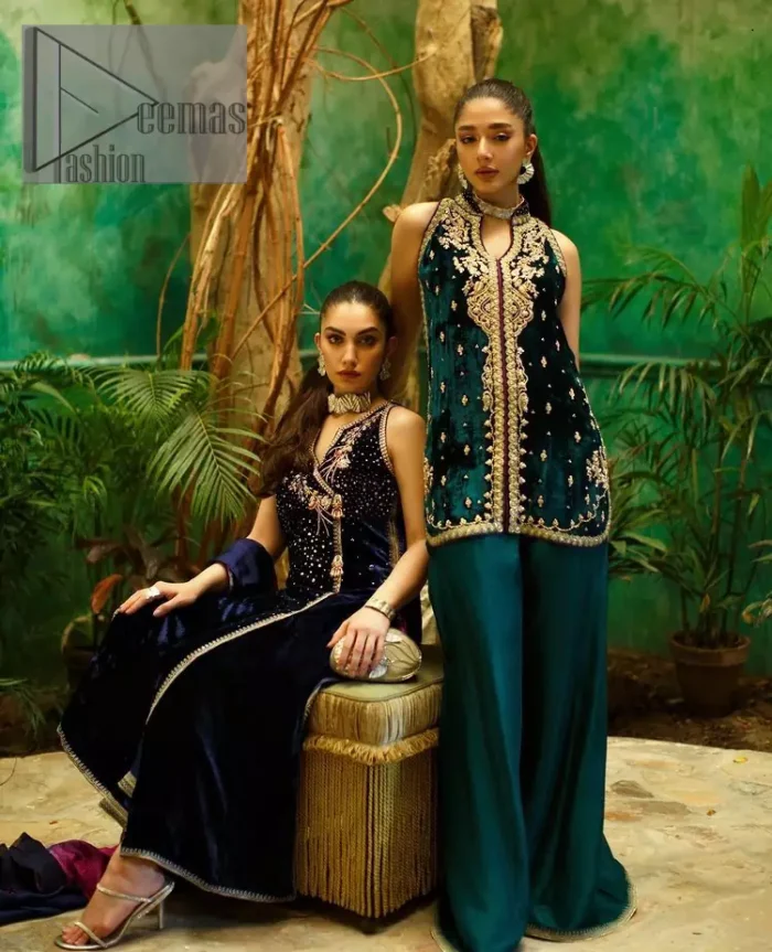 No matter the time and occasion, a pop of blue will always bring you in the bright light. This teal blue short shirt is an exquisite amalgamation of classical golden embroidery and modern cuts. It is prominent with tilla, dabka and kora so everyone looking at you in any event. The V shape neckline increases the beauty of the outfit when combined with the sleeveless style of DeemasFashion. Further, it is coordinated with the same colour palazzo pants that are the bottom line is embellished with golden tiny embroidery to enhance the brightness of your dress.