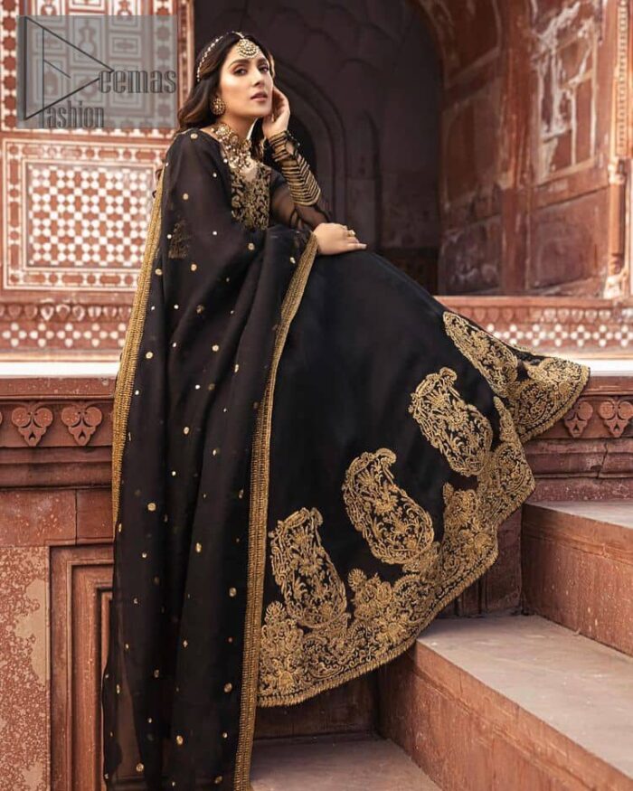 Black is just associated with a romantic evening. To make your event super dazzling and take a title of the start of the night so just go with our black can-can maxi. The body of the maxi is finished with golden embroidery which embraces golden tilla, dabka, kora and zardozi work. The full sleeves of the maxi added an astonishing vibe when paired up with the V shape neckline. Furthermore, the bottom line of the maxi is again embellished with heavy golden work. It is organized with a black dupatta which is embellished with four-sided borders and sequins sprayed all over.