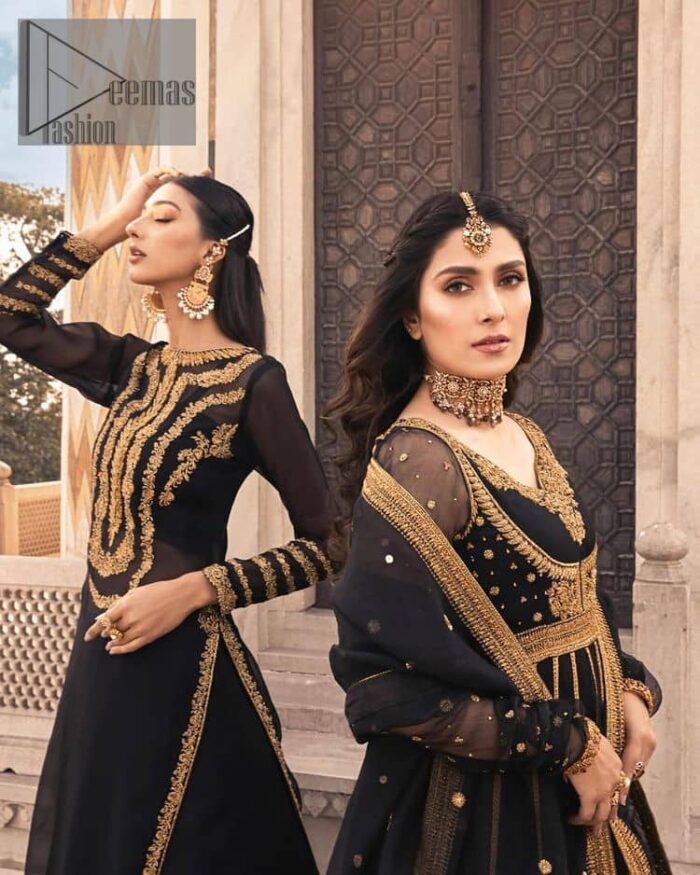 Black is just associated with a romantic evening. To make your event super dazzling and take a title of the start of the night so just go with our black can-can maxi. The body of the maxi is finished with golden embroidery which embraces golden tilla, dabka, kora and zardozi work. The full sleeves of the maxi added an astonishing vibe when paired up with the V shape neckline. Furthermore, the bottom line of the maxi is again embellished with heavy golden work. It is organized with a black dupatta which is embellished with four-sided borders and sequins sprayed all over.