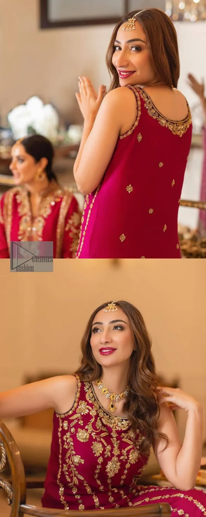 The golden pasting on a glamorous magenta canvas. The beautiful attire is presented that begins with a magenta long shirt which is attractively furnished with golden embroidery. It is spotlighted with tilla, dabka, kora and zardozi to make your event blazing and astonishing. In addition to this, it is attractively featured with a round neckline and sleeveless style. The following magenta long shirt is paired up with purple trousers that's border is again embellished with golden embroidery that gives a unique piece of style in every function.