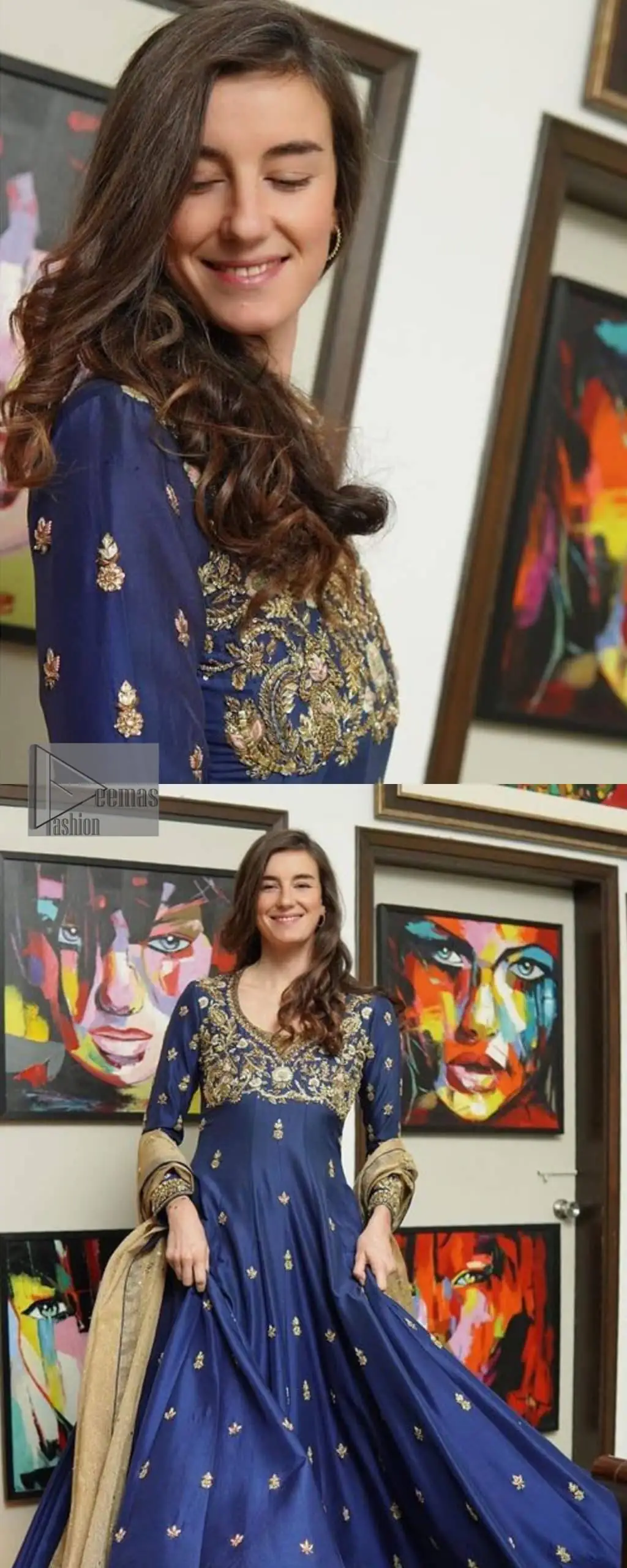 Hues of blues make a funky yet amazing pattern on amazing events. DeemasFashion introduces a navy blue outfit. Starting this article with a navy blue multiple panel frock which is ornamented with golden embroidery. The pattern of embroidery begins with the round neckline which is handsomely embellished with tilla, dabka, kora and Kundan. It is further prominent with full sleeves. The rest of the frock is decorated with floral motifs in a golden hue. The following frock comes with a golden dupatta to complete the admiring look on any day or night event. 