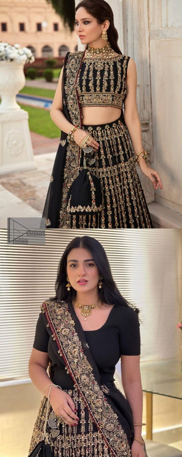 Black is the second way to show romanticness. This black article is attractively rendered with golden embroidery in which details speak for themselves. First of all the blouse in the article is as amazing as in the picture. It is further prominent with tilla, dabka, crystal and kora to enhance the power of black. The boat shape neckline also increases the beauty of the blouse when comes with a sleeveless style. Further, it is paired up with a black can-can lehenga which is heavily embellished with golden embroidery. Complete this look with a black dupatta which is again rendered with four-sided borders and floral motifs all over.